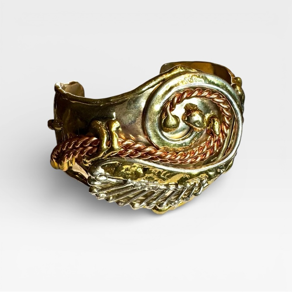 VINTAGE ARTISAN 1970s Brutalist Mixed Metal Bangle Cuff Bracelet, Adjustable - Picture 12 of 13
